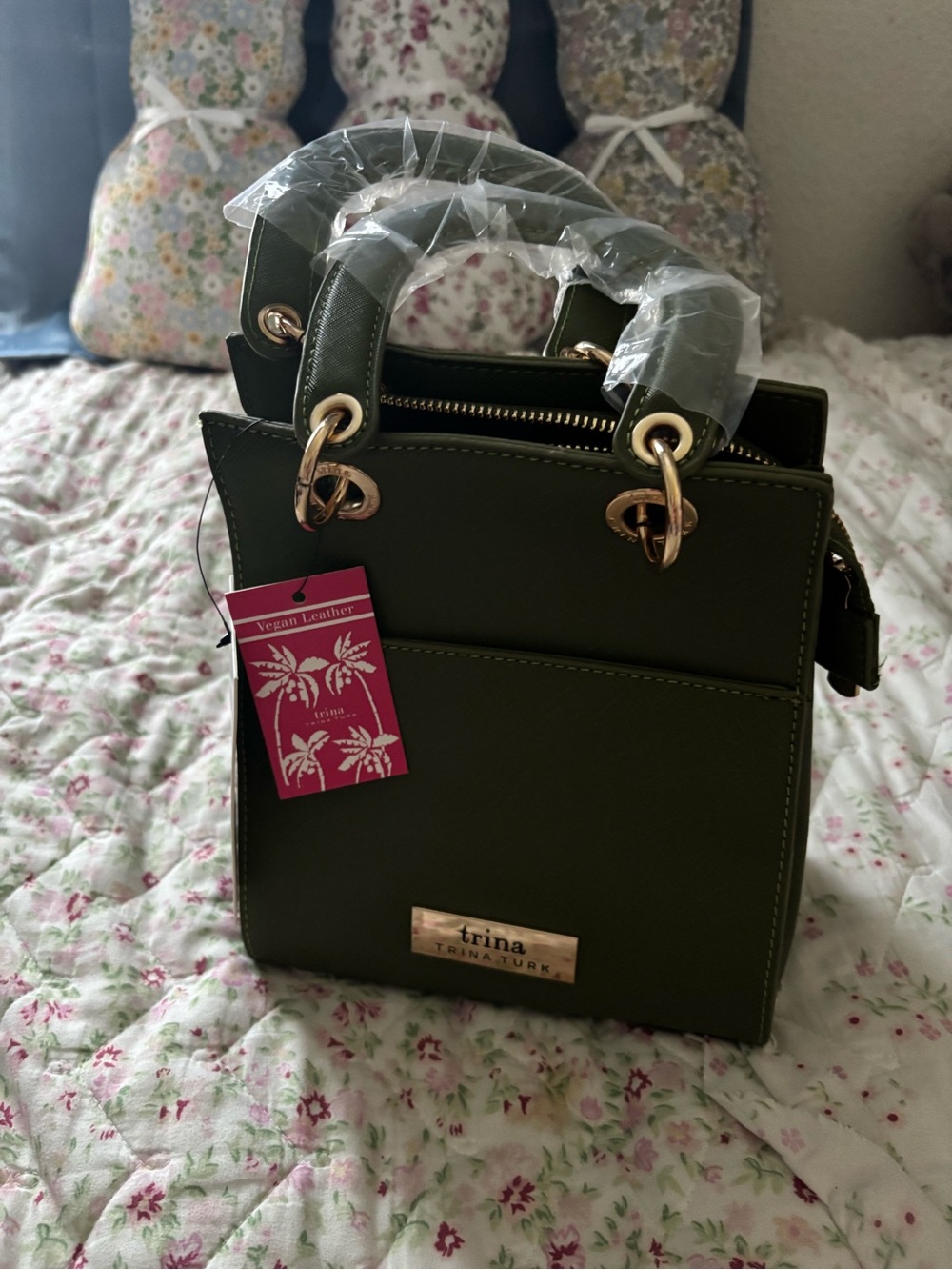 Trina Turk Olive Green Mini Top-Handle Bag with Gold Hardware